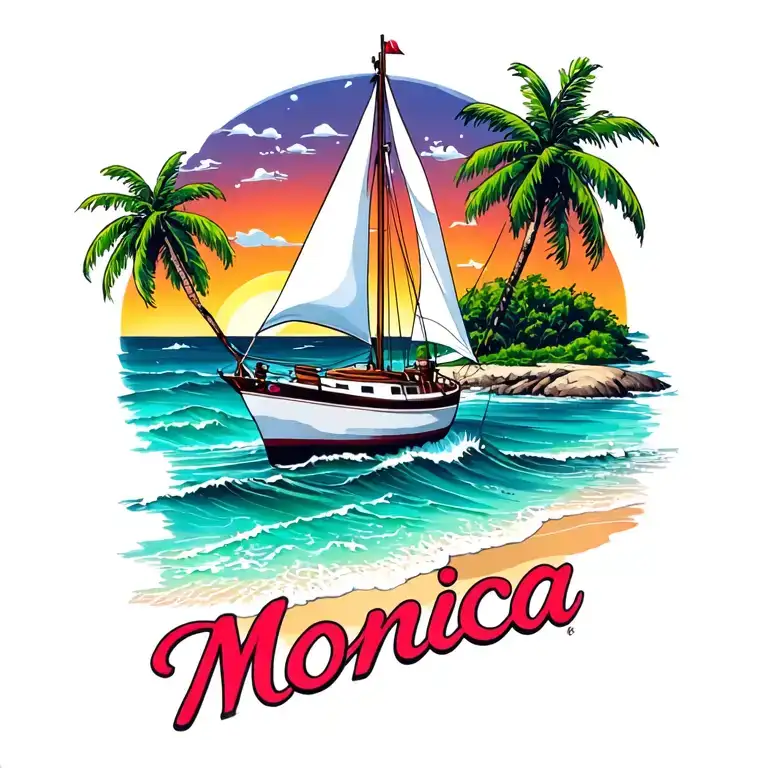 "Monica" "Monica" "Monica" "Monica" white sailboat, sunset sky, distant island with palms, ocean waves, beach, bubble letters at bottom tattoo design idea