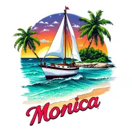 "Monica" "Monica" "Monica" "Monica" white sailboat, sunset sky, distant island with palms, ocean waves, beach, bubble letters at bottom tattoo design idea