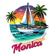 "Monica" "Monica" "Monica" "Monica" white sailboat, sunset sky, distant island with palms, ocean waves, beach, bubble letters at bottom tattoo design idea