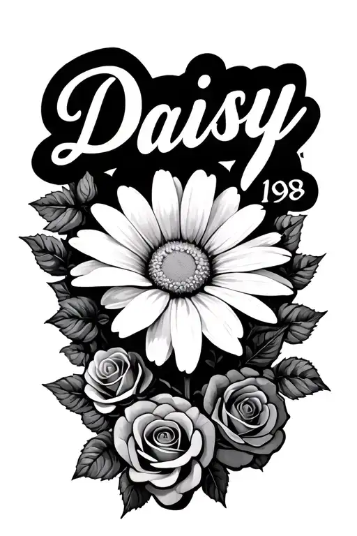 name daisy with the date 1989 and roses around it tattoo design idea