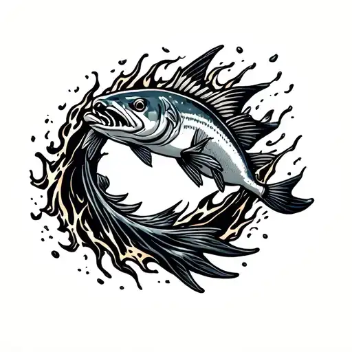 catfish swimming down and to the right .and at the top it's splashes through a ring of fire.at the bottom rip dad  tattoo design idea