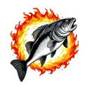 catfish swimming down and to the right .and at the top it's splashes through a ring of fire.at the bottom rip dad  tattoo design idea