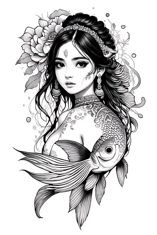 japanese/ Indian girl/ coi fish surrounding tattoo design idea