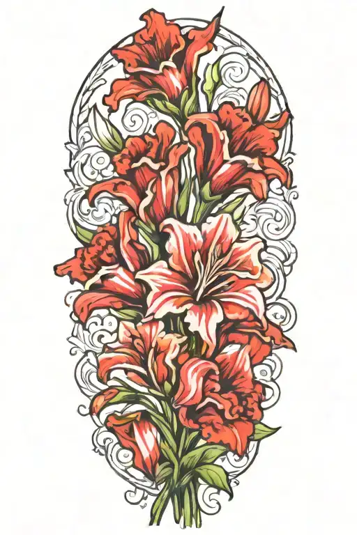 Gladiolous Flowers Grouped With Red Roses Growing Together Tattoo tattoo design idea
