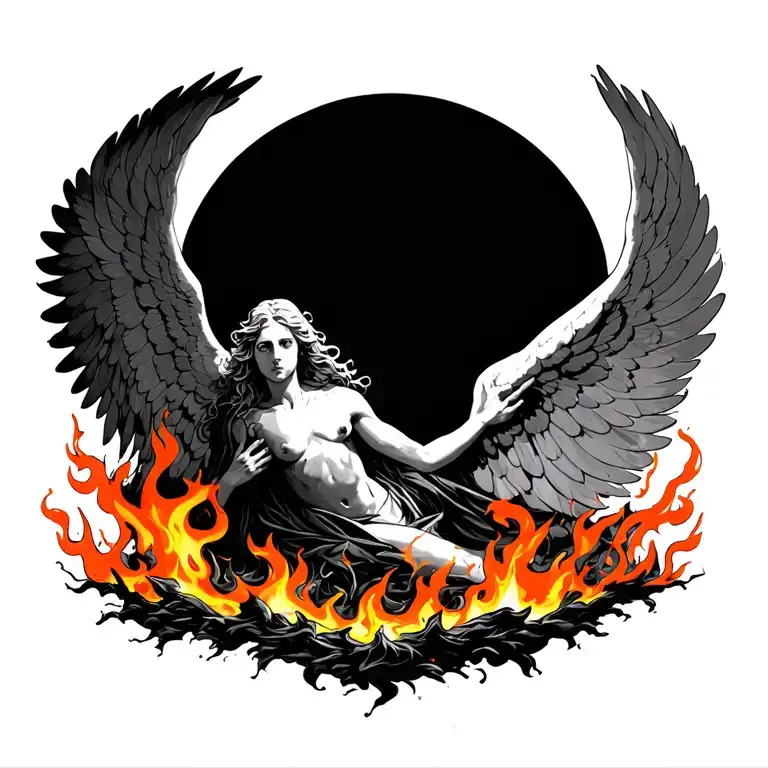higher power saving fallen angel from the depths surrounded by flames on bottom, trancending into a "heaven" like era tattoo design idea