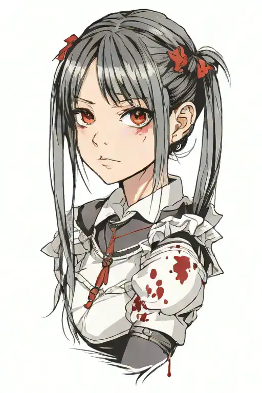 Dark Souls with hair with pigtails with blood on face Shoulder portrait tattoo design idea