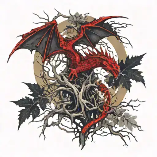 red dragon wrapped around the roots of a Rowan tree tattoo design idea