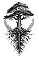 a tree with deep roots and patterns around it tattoo design idea
