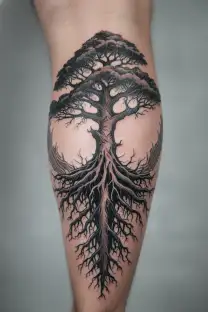 a tree with deep roots and patterns around it tattoo design idea