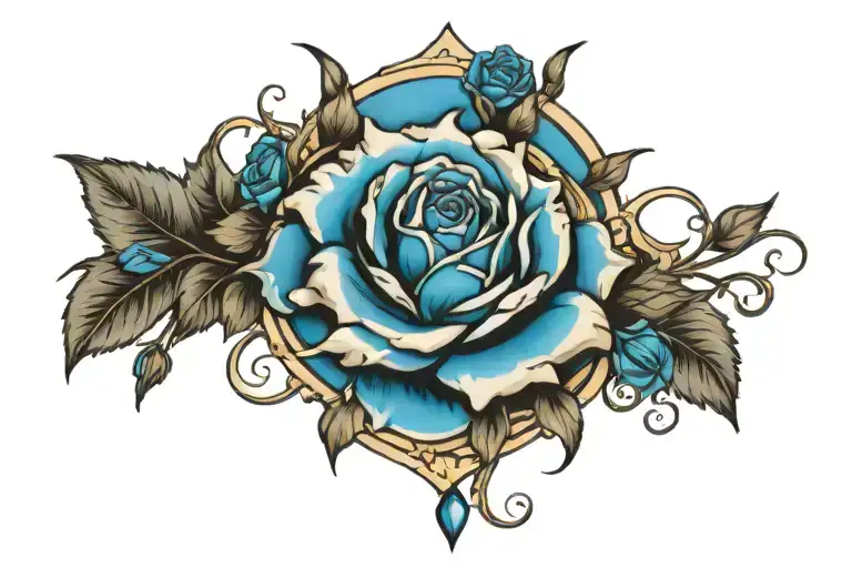 blue jewel surrounded by roses tattoo design idea