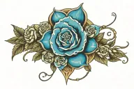 blue jewel surrounded by roses tattoo design idea