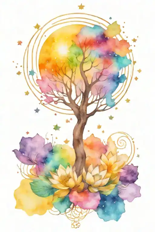 in order of semi colon to unalome to lotus to om to tree of life to sun and moon, surrounded by galaxy colors and stars tattoo design idea