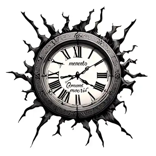 broken clock "memento mori" written inside surrounded tattoo design idea