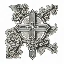 cross with Corinthian Architecture underneath in a classy design with the cross being the focal point tattoo design idea