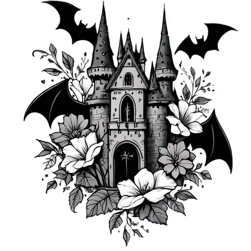Scooby Doo, Bats, and flowers castle surrounded tattoo design idea