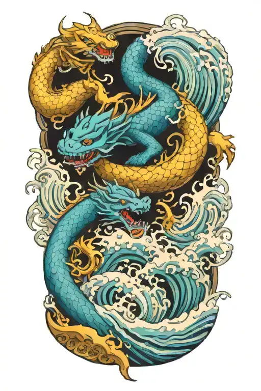 spirit dragons with japanese waves crashing tattoo design idea