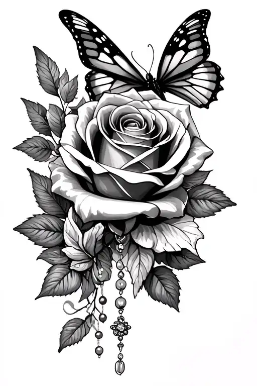 rose with butterfly and rosary tattoo design idea