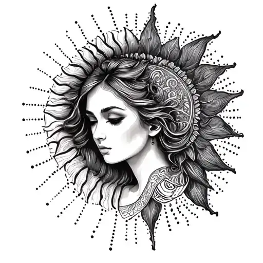 A sophisticated charcoal sketch and dot work tattoo design for a woman's leg. A serene, beautiful female sun face and an tattoo design idea