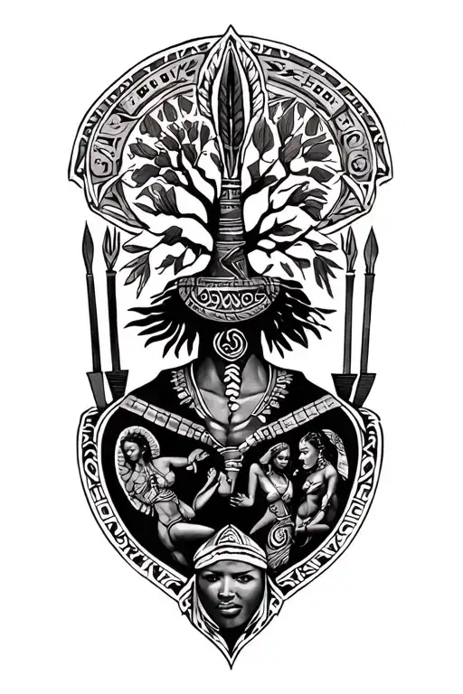a africanist themed tatton some details of african spears, african symbols, african time symbols, and people  tattoo design idea