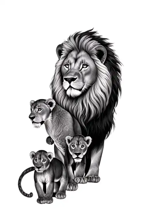 A full sleeve tattoo lion and 4 cubs tattoo design idea