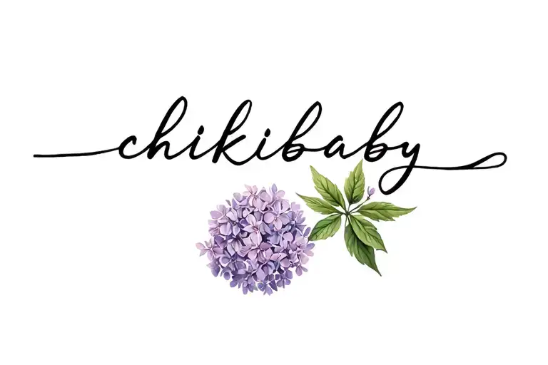 "chikibaby" im cursive text ending with lilac flower growing on right side tattoo design idea
