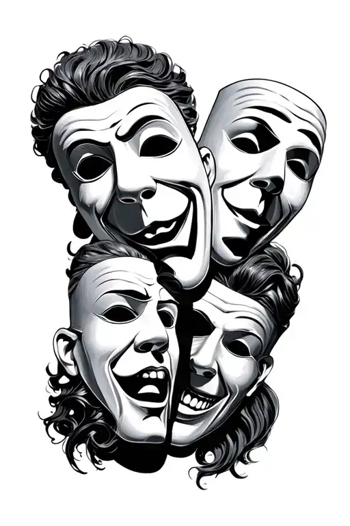 comedy tragedy mask black and grey , two masks and one face in the middle tattoo design idea