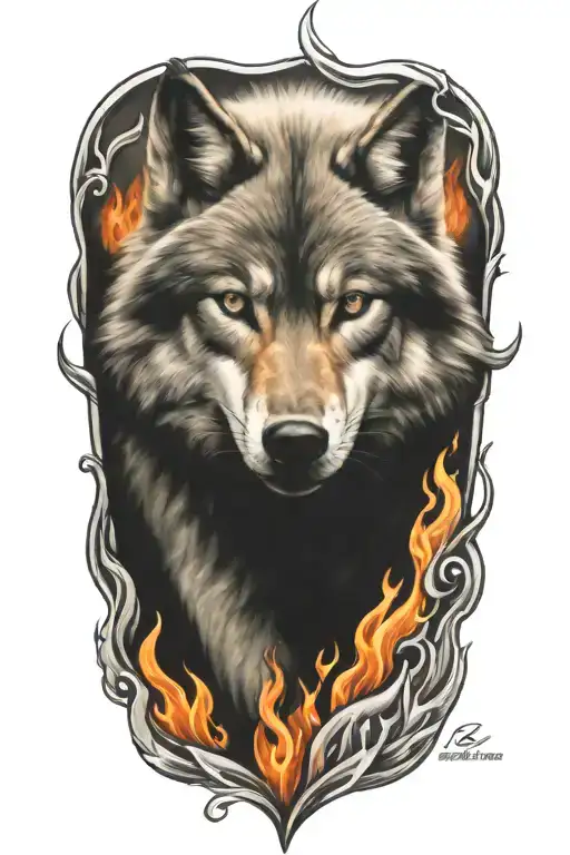 wolf fire flames left arm tattoo design idea