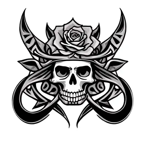 eye of horus with skull and rose behind it surrounded by tribal viking patern tattoo design idea