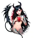 tattooed anime demon girl holding a shattered heart surrounded by a voodoo black dragon tattoo design idea