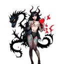 tattooed anime demon girl holding a shattered heart surrounded by a voodoo black dragon tattoo design idea