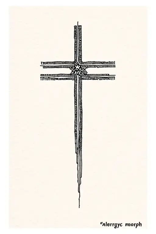 "alergyc morphine" “Minimalist blackwork tattoo of a fine-line cross with gentle shading and stippling, containing the text ‘Allergic Morph tattoo design idea