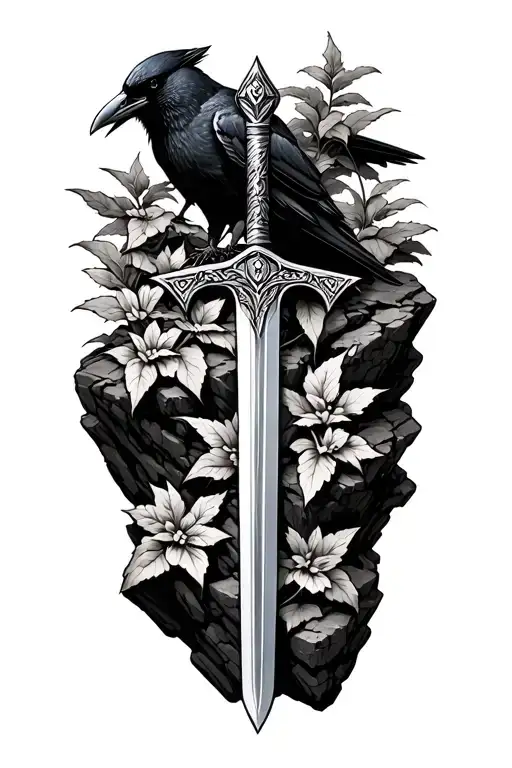 Excalibur sword plantes in its rock with a crow perched tattoo design idea