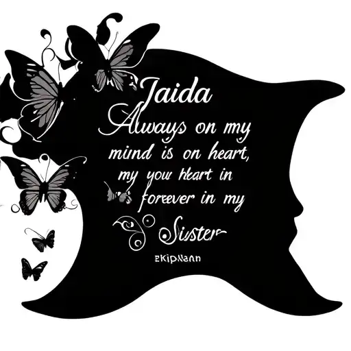 rip tattoo for sister name Jaida with butterflies quote “always on my mind, forever in my heart” tattoo design idea