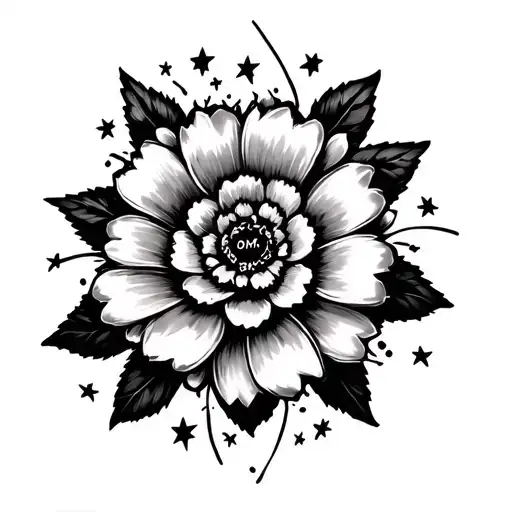 make a 1x1 inch ornamental flower tattoo with stars that has “OMFG” In the middle tattoo design idea