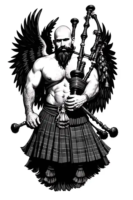 legless shirtless muscular bagpiper bald black beard playing bagpipes huge black wings tattoo design idea