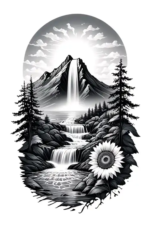 mountain waterfall and sunfl tattoo design idea