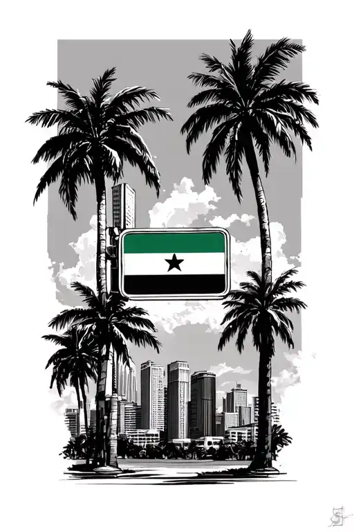 Miami skyline, palm trees, North Miami ave street sign, Haitian flag tattoo design idea