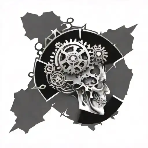A black-grey tattoo of a brain with gears turning, symbolizing the combination of thinking and discipline in your pursuit of medicine tattoo design idea