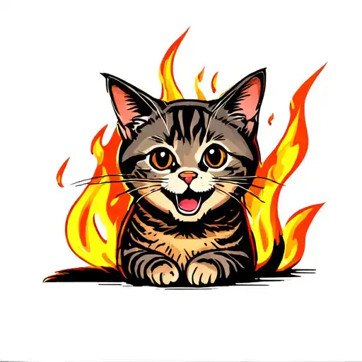 smiling cartoon cat over burning prison tattoo design idea