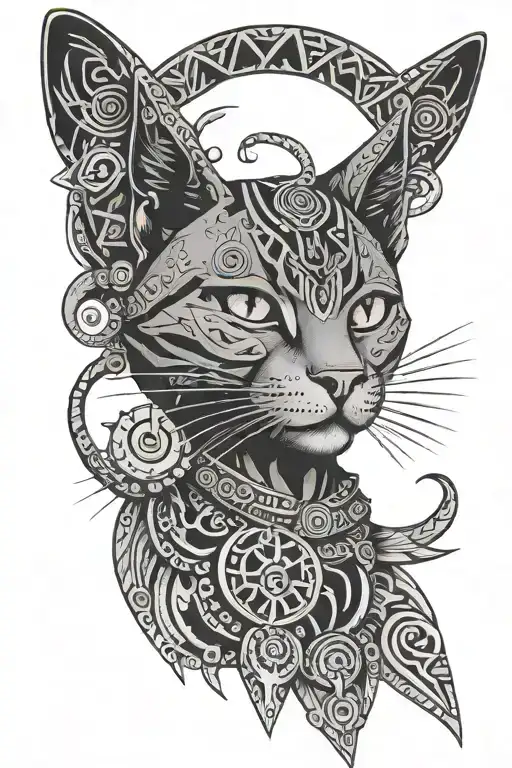 cat punk, ring in ear, mapuche symbols representing tattoo design idea