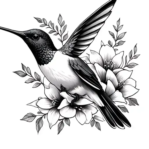 a black and white hummingbird with flowers forearm tattoo but make the lines traditional" tattoo design idea