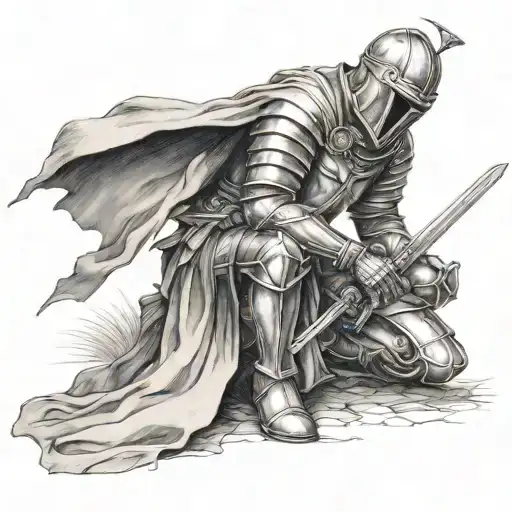 Templar knight with sword, kneeling in prayer. tattoo design idea