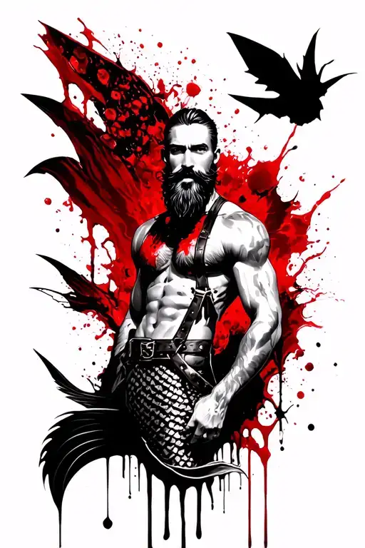 alice in wonderland theme but horror. include a bearded muscle merman wearing a leather harness. gay erotica tattoo design idea
