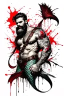 alice in wonderland theme but horror. include a bearded muscle merman wearing a leather harness. gay erotica tattoo design idea
