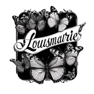 Name Lousmarie in old classy cursive with butterflies around it tattoo design idea