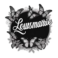 Name Lousmarie in old classy cursive with butterflies around it tattoo design idea