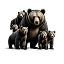 papa bear facing forward, standing proudly with his 6 bear cubs beside him, 1 on his shoulders tattoo design idea