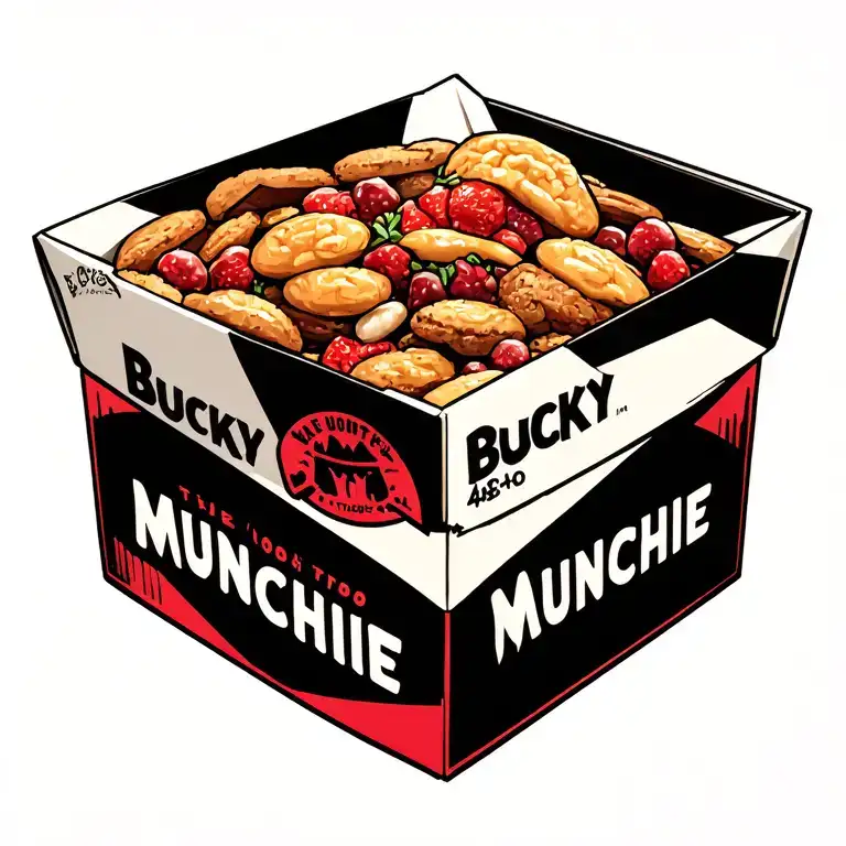 Central Focus: The Munchie BoxPicture a large, stylized Bucky Munchie Box at the center, overflowing with delicious fo tattoo design idea
