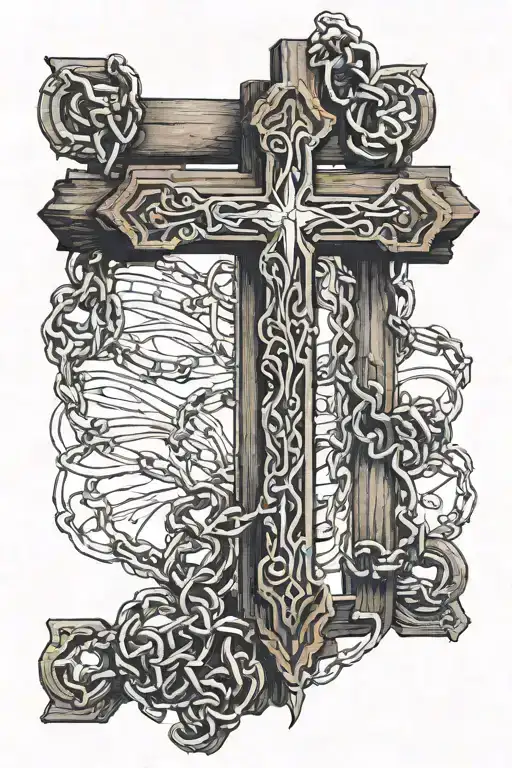 old wooden cross with dangling chains wrapped tattoo design idea