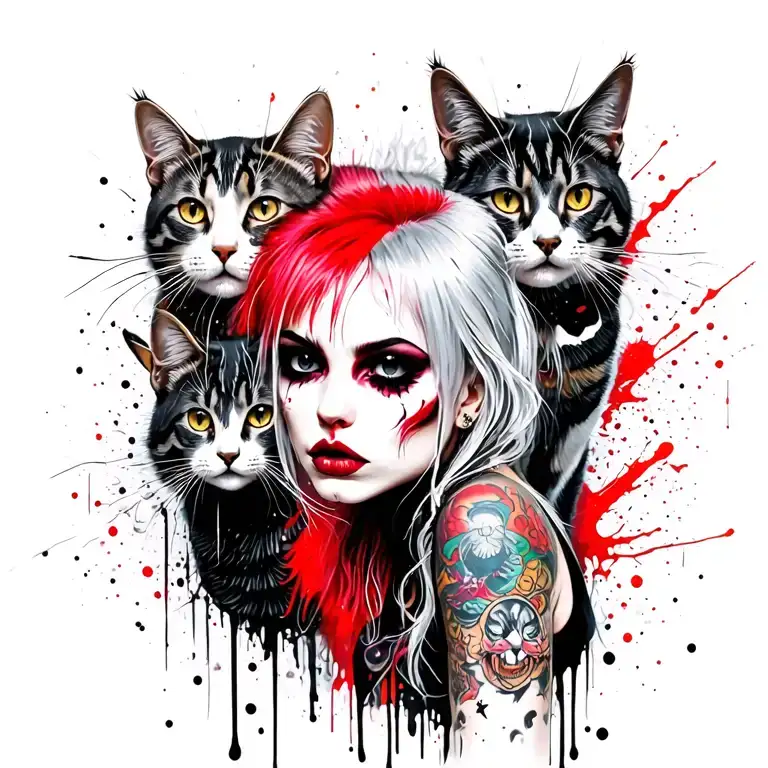 punk rock girl silver hair with gang of cats tattoo design idea